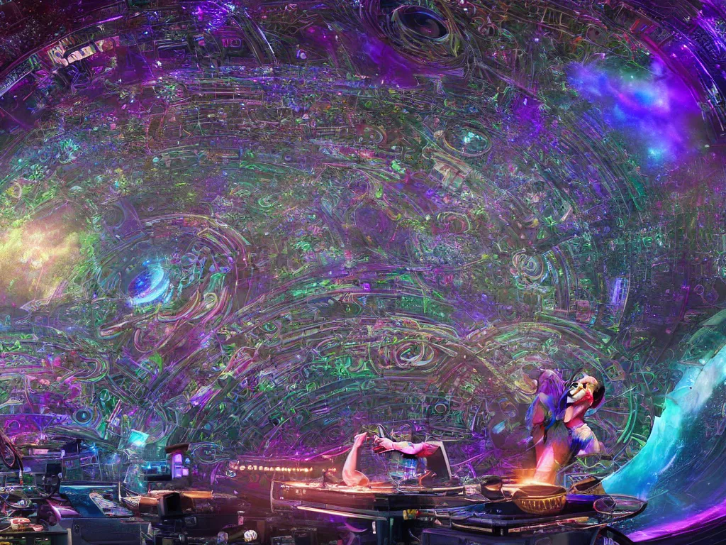 Prompt: an incredible masterpiece of a mystical dj playing a vast array of highly evolved and complex musical technology surrounded by an incredible and complex circular structure in the cosmos, by android jones, octane render, 8 k