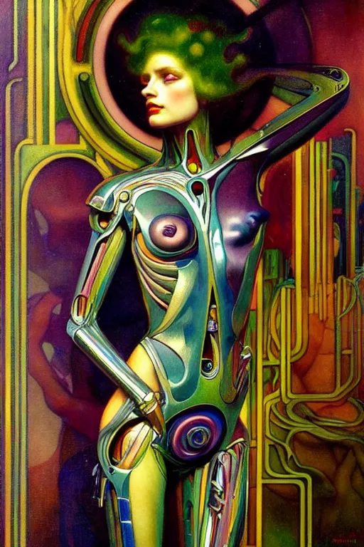 Image similar to prismatic cyborg goddess by steichen in the style of a modern tom bagshaw, alphonse muca, victor horta, gaston bussiere. anatomically correct. extremely lush detail. masterpiece. melancholic scene infected by night. perfect composition and lighting. sharp focus. high contrast lush surrealistic photorealism.