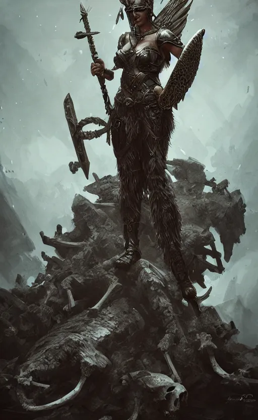 Prompt: valkyrie standing triumphantly atop a pile of bones, epic fantasy, insane details, illustration, artstation, intricate, sharp focus, elegant, concept art