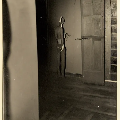 Prompt: A scary red, tall creature standing in the corner of a dark room, eerie, horror, vintage, dslr, 1950, old photography