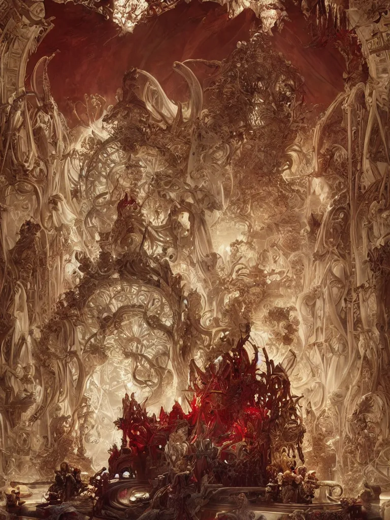 Prompt: a huge ivory throne with abominations kneeling in front of it, red tones, highly coherent, ultra realistic, concept art, intricate details, eerie, highly detailed, photorealistic, octane render, 8 k, unreal engine. art by artgerm and greg rutkowski and alphonse mucha