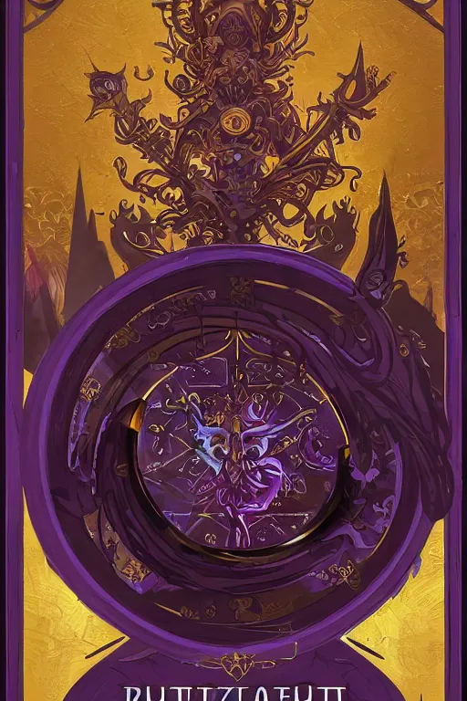 Image similar to Boardgame card, with ornamental edges, sharp, symmetrical, Lovecraftian, purple, gold, black and blue, tzeentch, by greg rutkowski and alphonse mucha, 8k, trending on artstation