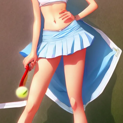 Prompt: full body shot : a very beautiful young blond tennis anime girl, sky blue eyes, large golden chain, bikini, white miniskirt, highly detailed, cinematic wallpaper by stanley artgerm lau