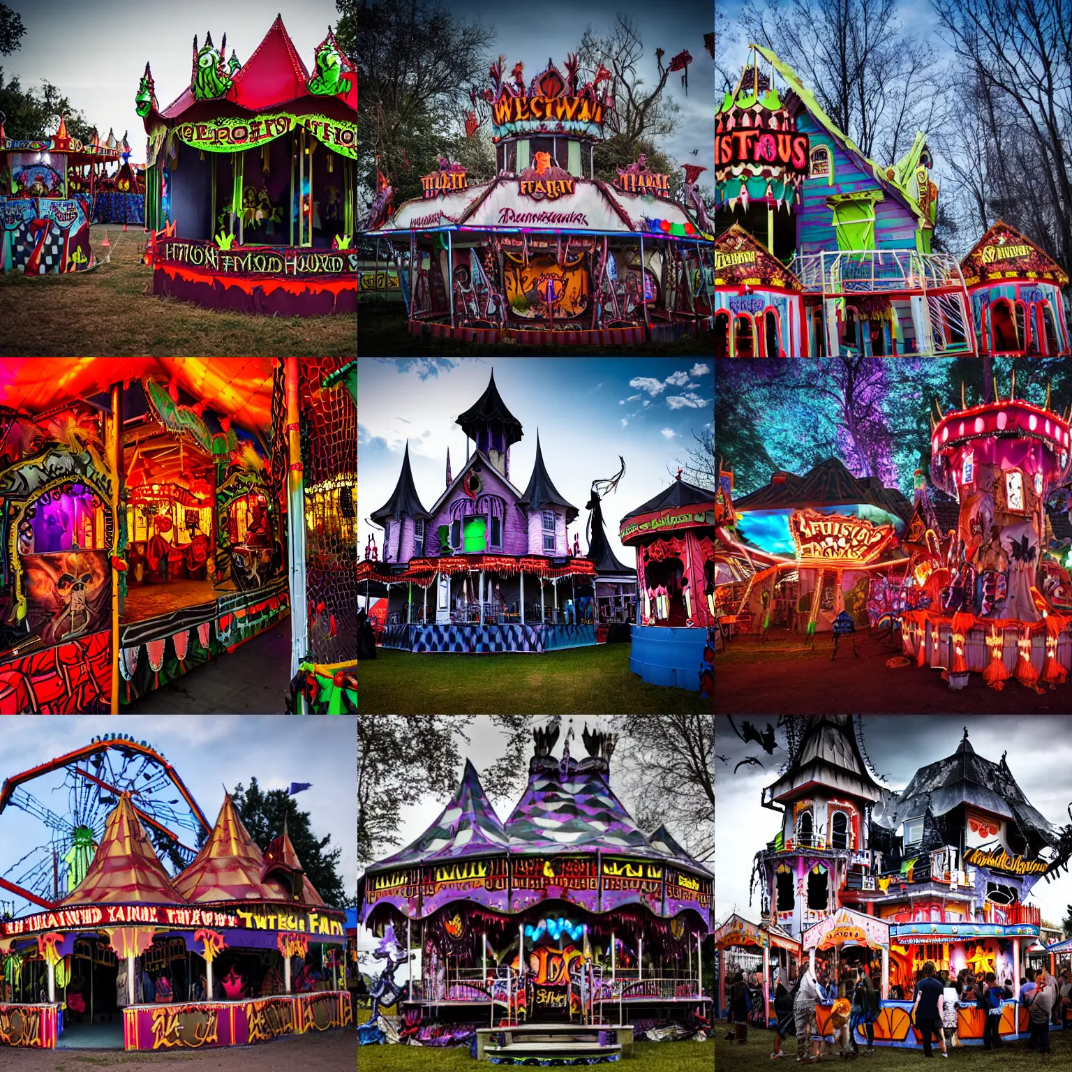Prompt: haunted house at a twisted demonic fun fair carnival
