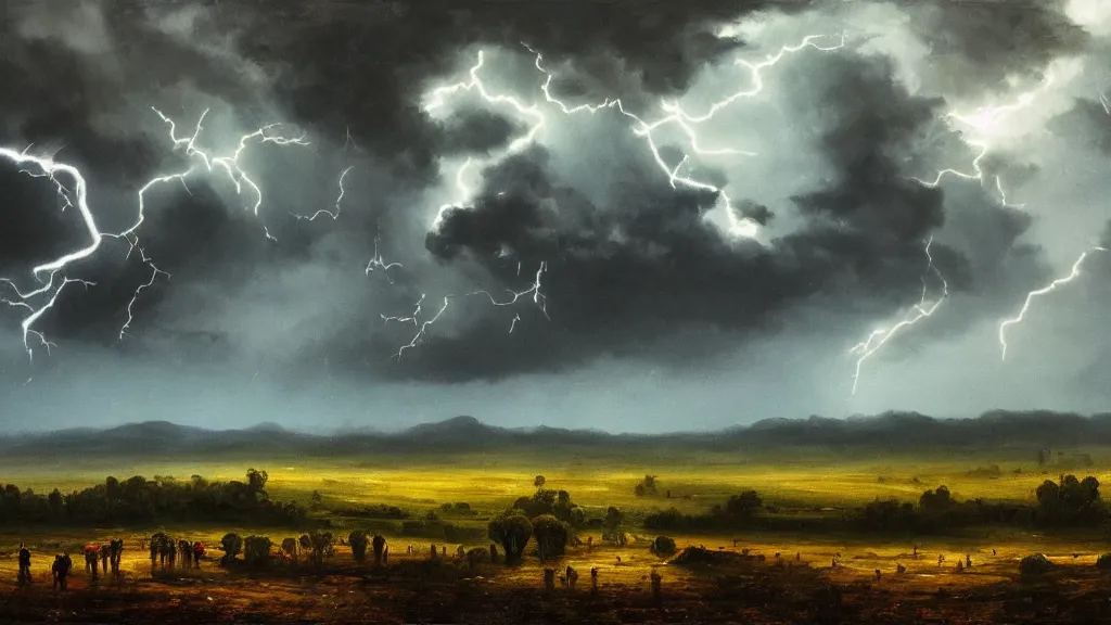 Image similar to the most beautiful panoramic landscape, oil painting, rain on a farm, menacing clouds, night, lightning, cinematic lighting, highly detailed, very realistic