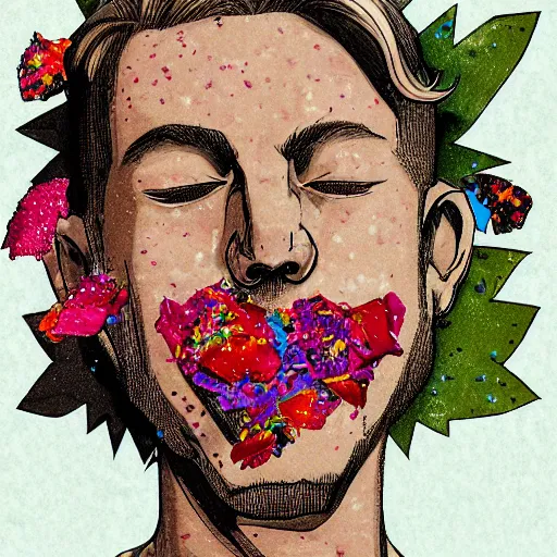 Image similar to a blonde man with freckles vomiting rose petals, lungs, varying art styles, clarity, detoxification, varying angles, colorful