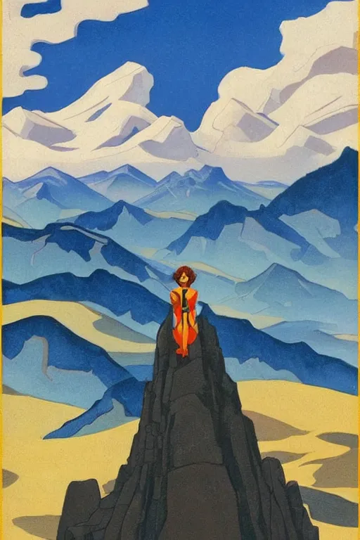 Image similar to black widow ( natasha romanova ) on mountains, marvel, artwork by nicholas roerich,