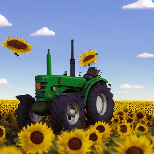 Image similar to a cute tractor in a sunflower field towing a russian tank by goro fujita, 3 d octane render, 8 k, trending on artstation, hyper detailed, cinematic