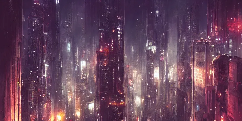 Prompt: a beautiful painting of a scifi city at night, skyscrapers, long exposure photo, low angle, Greg rutkowski