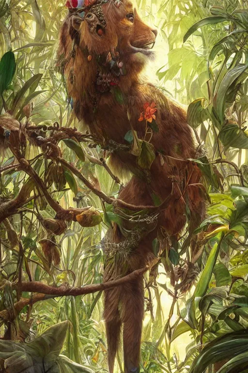 Image similar to ultra realistic illustration, bohemian animal in jungle, staring directly into camera, intricate, elegant, highly detailed, digital painting, artstation, concept art, smooth, sharp focus, illustration, art by artgerm and greg rutkowski and alphonse mucha