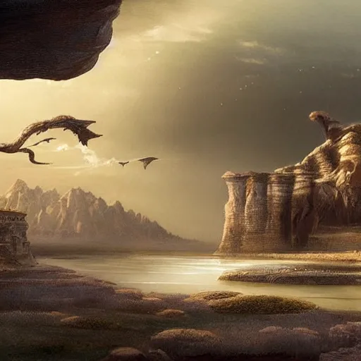 Image similar to large landscapes from another world, beautiful depiction, very detailed and weird animals, enhance lighting, strange buildings from ancient civilizations