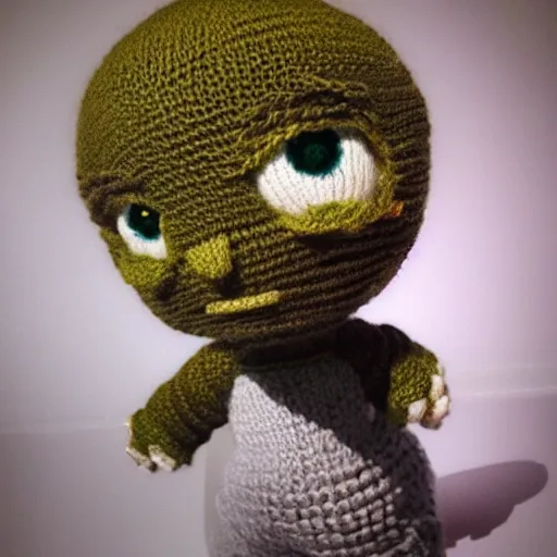 Image similar to stills from the knitted version of the video game alien isolation, cute styling, yarn, photorealistic