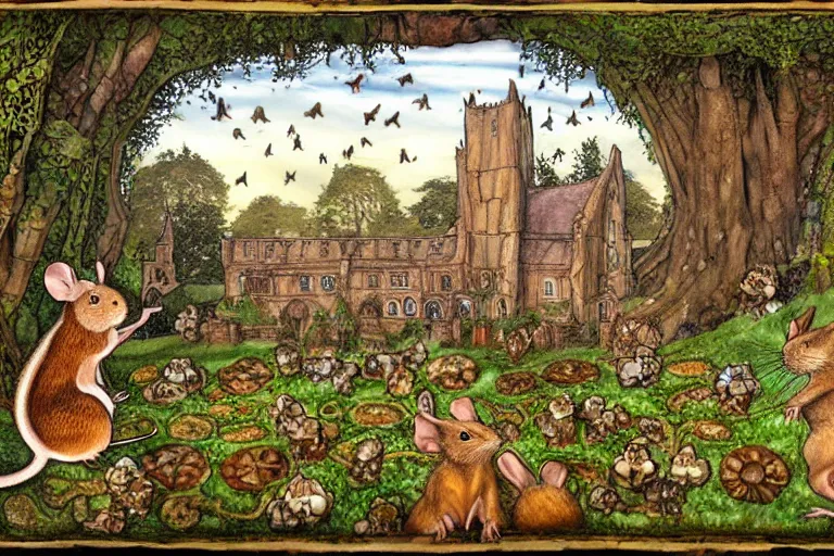 Image similar to an elaborate and dense painting of redwall abbey in mossflower wood with lots of mice and rabbits and otters walking around, detailed, made of alcohol ink on parchment and penned illustrations, by brian jacques and jean baptiste monge
