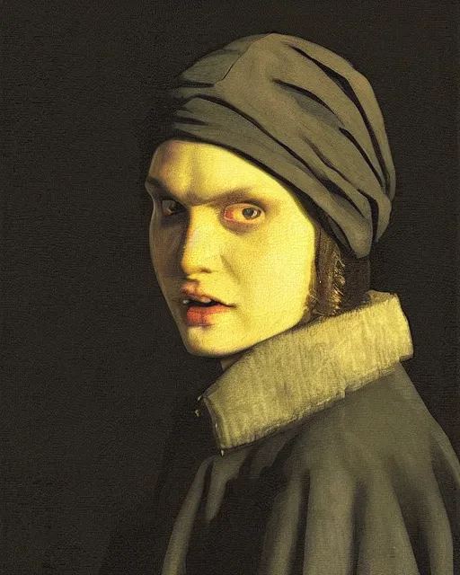 Image similar to “Detailed portrait of Gerard Way by Vermeer, moody lighting”