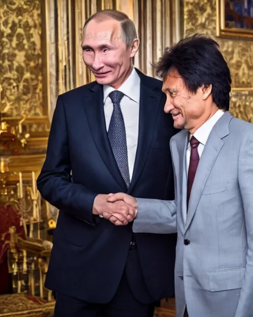 Prompt: sixty years old viktor tsoi with joyful look in a business suit shaking hands with vladimir putin in kremlin, moscow, color photo, mid shot photo, official meeting, digital photo, 4 k