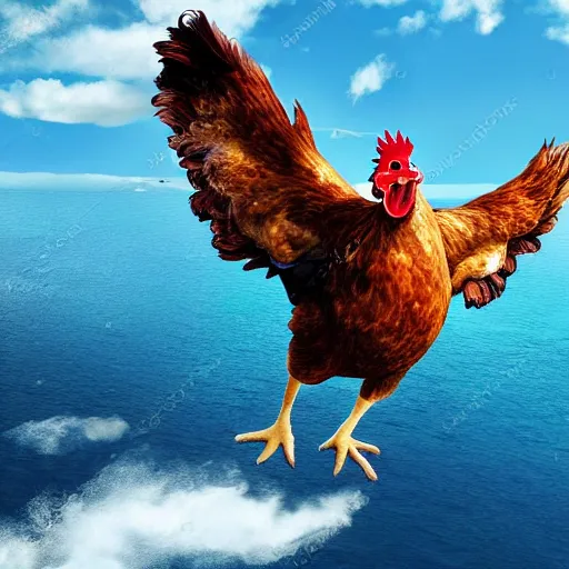 Image similar to chicken looking human on an airplane flight over the sea, realistic scene, very detailed