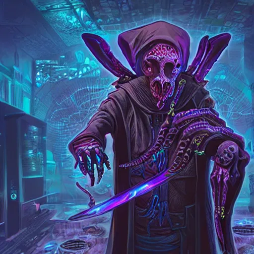 Image similar to cyberpunk undead lich ilithid mindflayer playing synthesizers, honeycomb background, D&D, laser show, highly detailed, realistic, technology and magic,