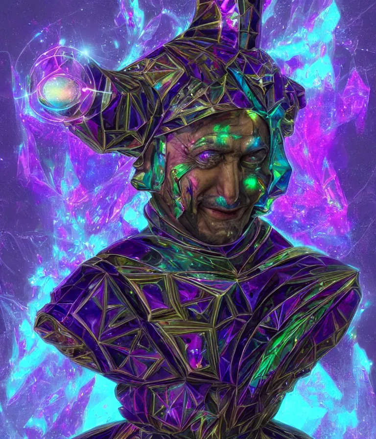 Image similar to front!!! shot of a court jester!!! character, mesmerizing fractal hypercubes, bismuth!!, dark holography!!!, future, metallic galactic, crystalline edges, polygonal, elegant, highly detailed, centered, (((artstation, concept art, jagged, sharp focus, artgerm, Tomasz Alen Kopera, Peter Mohrbacher, donato giancola, Joseph Christian Leyendecker, WLOP, Boris Vallejo))), ((raytracing)), mugshot!!!!!, ugly!!!!!!, octane render, nvidia raytracing demo, octane render, nvidia raytracing demo, octane render, nvidia raytracing demo, 8K