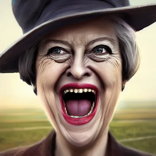 Image similar to highly detailed close up portrait of a laughing Theresa May ((Theresa May)) by Ruan Jia and Mandy Jurgens and Artgerm and William-Adolphe Bouguerea, 4k resolution, misty happy color scheme!!! ((field of wheat background))