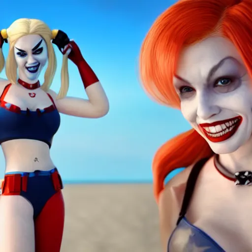 Image similar to harley quinn at the beach 4 k detailed super realistic