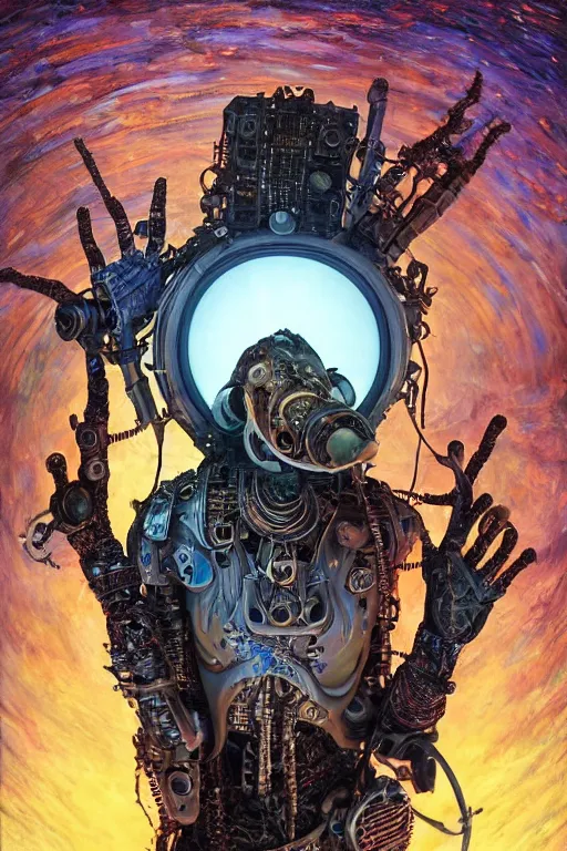 Image similar to a fisheye lens photo of a post apocalyptic tribal cyborg snoop dogg tweaking and playing synthesizers in the most complicated and technical spiral fractal musical studio, powerful, cinematic, beautifully lit, by donato giancola, by artgerm, by karol bak, 3 d, perfect face and body, trending on artstation, octane render, 8 k