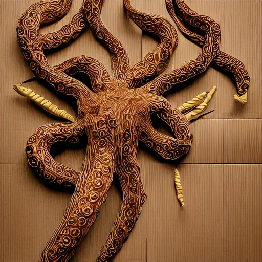 Image similar to cardboard cutout of tentacles, cut out of corrugated cardboard, realistic, cardboard cutout, flat, hyperrealistic photography