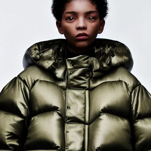 Image similar to realistic photoshooting for a new balenciaga lookbook color film photography close up portrait of a beautiful woman model, model wears a puffer jacket, photo in style of tyler mitchell, ssense