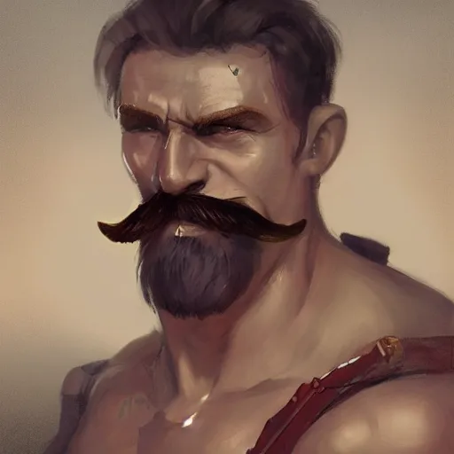 Image similar to portrait old barbarian warrior with trucker mustache and short hair, 8 k, trending on art station, by tooth wu and greg rutkowski