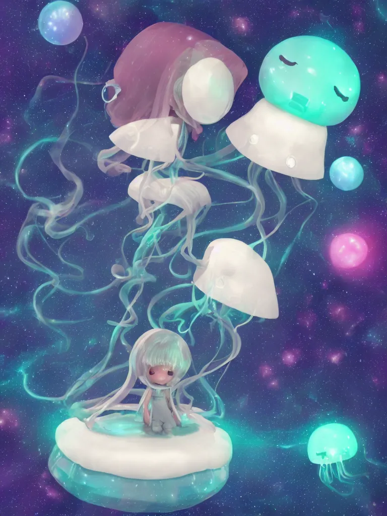 Image similar to cute fumo plush alien jellyfish girl sitting on a small island floating in the dark galactic abyss, heart eyes, vignette, vray