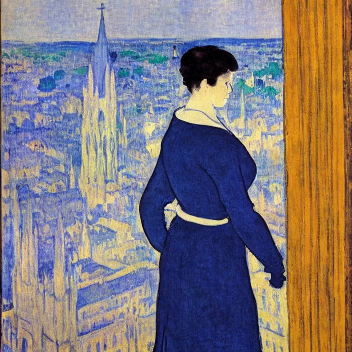 Image similar to woman in indigo dress with city with cathedral seen from a window frame at night. fuzzy white cat. monet, henri de toulouse - lautrec, utamaro, matisse, felix vallotton