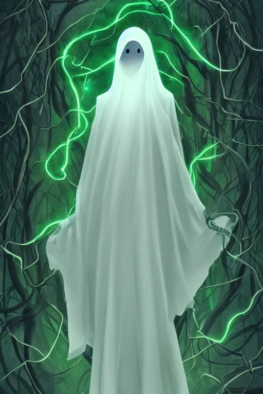 Image similar to A full body portrait of a ghost like character with no face, glowing eyes and a very long hooded dark green cloak made of leaves and vines, forest spirits flying in the background art by Shaddy Safadi and Jason Chan, ominous, cosmic horror, trending on artstation, Ultra detailed, hyper realistic 4k