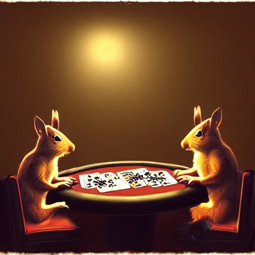 Prompt: a meeting of squirrels playing poker, dramatic lighting