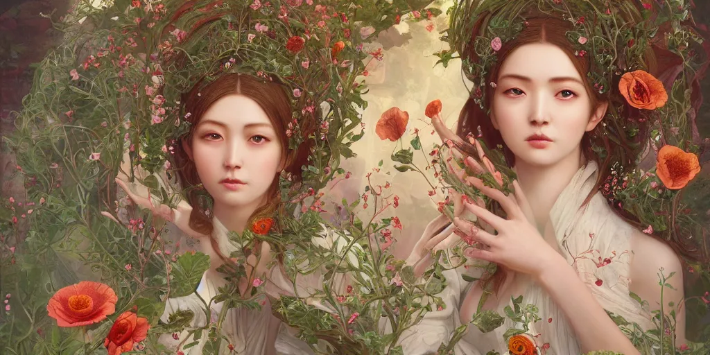 Prompt: breathtaking detailed concept art painting of the goddess of poppy flower, orthodox saint, with anxious, piercing eyes, ornate background, amalgamation of leaves and flowers, by hsiao - ron cheng, extremely moody lighting, 8 k