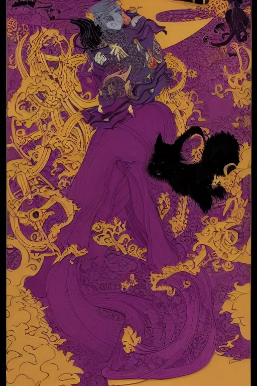 Image similar to dark magenta and purple ink with intricate designs, tarot card, a halloween scarecrow, full of golden layers, black cats, cobwebs, spiders, swirles, curves, wave, by louise nevelson and hokusai and jean giraud and mike mignola and john howe, trending on artstation, elaborate illustration, incredible depth