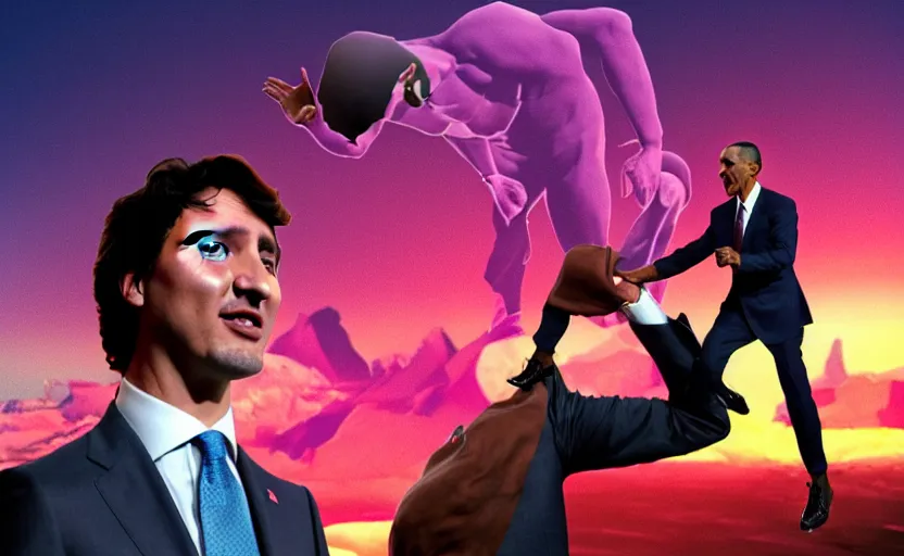 Image similar to Justin Trudeau getting smacked by a giant bodybuilder Obama, By Beeple