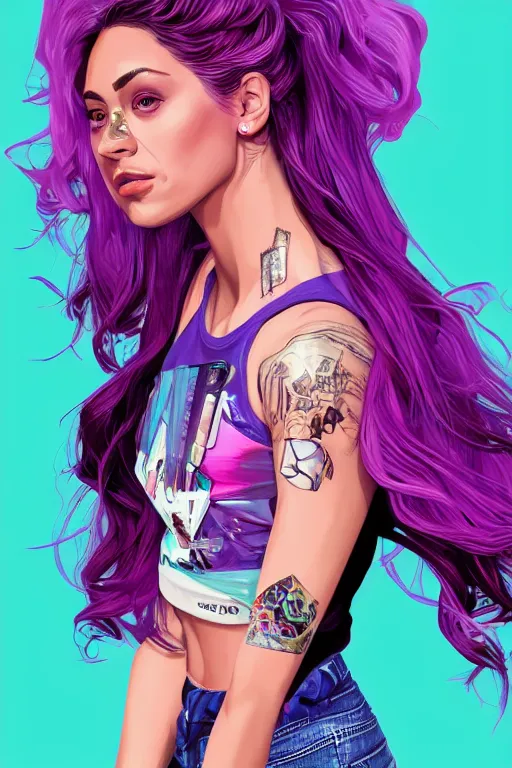 Image similar to a award winning half body porttrait of a beautiful woman in a croptop with ombre purple pink teal hairstyle with head in motion and hair flying by marvel comics and sandra chevrier, outrun, vaporware, illustration, digital art, trending on artstation, highly detailed, fine detail, intricate