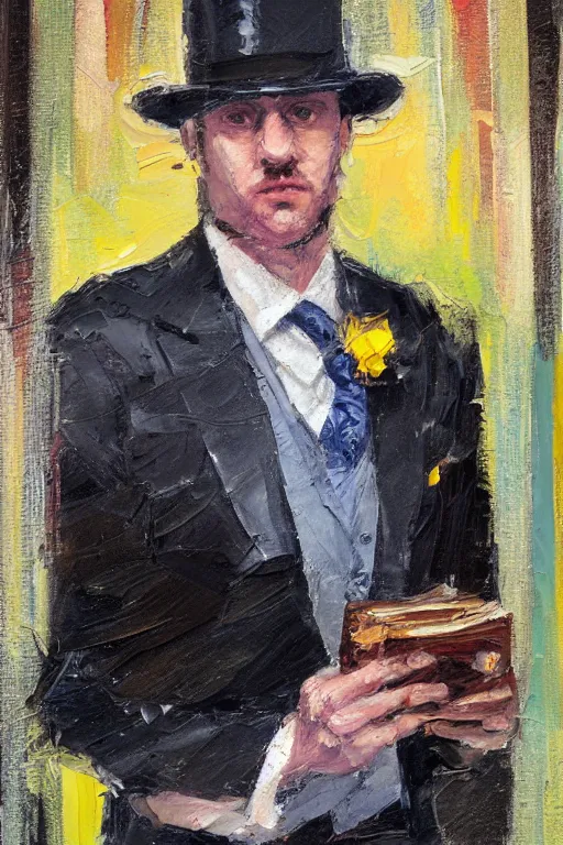 Prompt: palette knife oil painting portrait of graham, a fellow in a three - piece suit and monocle, peering over from his heavy, lacquered oak reception desk, library background, extreme detail, artstation trending, artgerm, any racial background, deviant art, octane, substance, art history 8 k