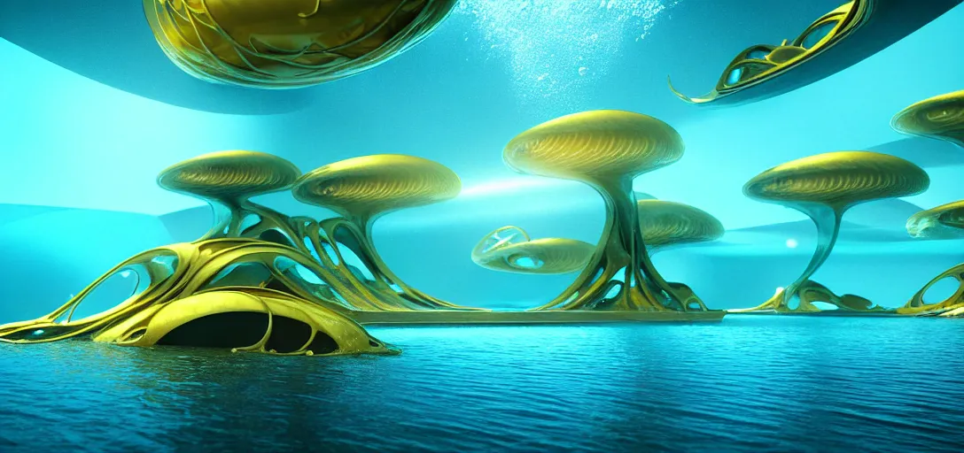 Prompt: underwater futuristic golden organic buildings by antoni gaudi and zaha hadid, underwater light rays, bubble columns, mutant whales, alien jellyfish, colorful coral algaes forest, subsurface scattering, golden ratio, rule of thirds, octane render isotropix materialx osl redshift arnold unreal engine, hyper detailed, sharp focus