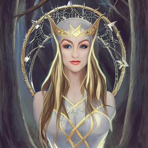 Image similar to perfect image of an elven woman dressed in white and gold