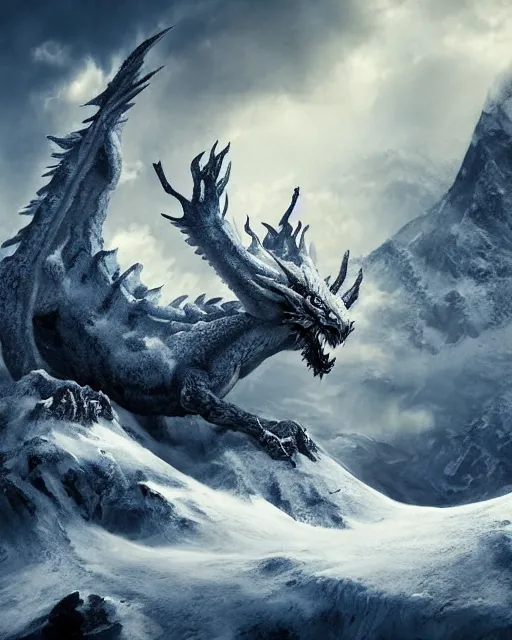 Prompt: giant snow dragon standing on a snowcapped mountain, highly detailed, 4 k, hdr, award - winning, directed by zack snyder, trending on art station, matte