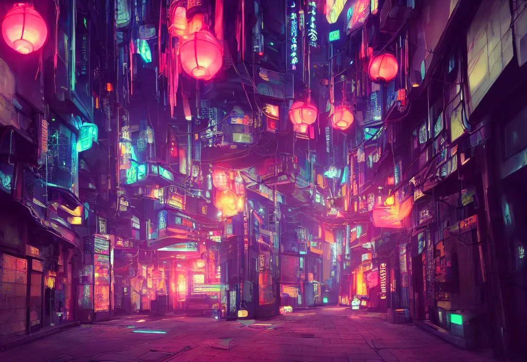 Prompt: a futuristic cyberpunk japanese izayaka alley with neon lights and lanterns, soft glow, intricate, cybernetic, trending on artstation, octane render, unreal engine, colorful, by chris foss, rodger dean, rossdraws and makoto shinkai