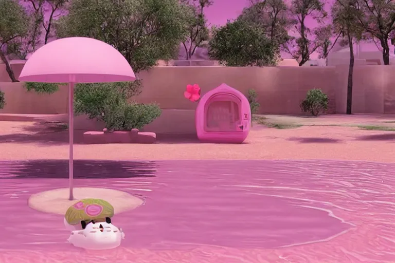 Image similar to desert oasis in a translucent pink casing electronic environment, ps 3 screenshot, still from a kiyoshi kurosawa movie, sanrio core