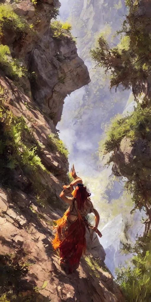 Image similar to oil art of young roma mage adventurer climbing down a cliffside in style of disco elysium character, gipsy jester character design from ravenloft, art by anders zorn, wonderful masterpiece by greg rutkowski, beautiful cinematic light, american romanticism by greg manchess, jessica rossier