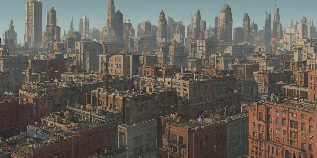 Image similar to 4K realistic rendering of A cityscape by Wes Anderson, unreal engine 5, vray, photo realistic, hyper detailed, intricate