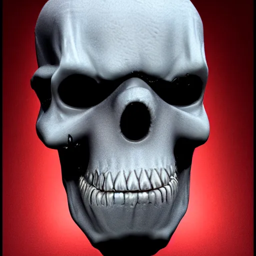 Image similar to Portrait of red skull with black tar dripping from eye sockets 3D render ray traced