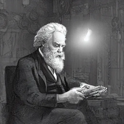 Image similar to Karl Marx pondering his orb, highly detailed, digital painting, artstation, concept art, smooth, sharp focus, illustration, art by todd lockwood and magalie villeneuve and alan lee and artgerm and greg rutkowski and alphonse mucha