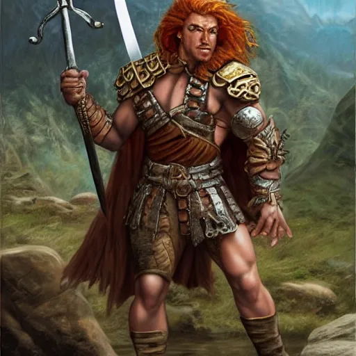 Prompt: character art, d&d, muscular fighter wearing leather chest plate with uncovered arms, ginger hair, great sword, feet standing in a rocky environment by john avon, matte painting by drew struzan and simon bisley, render