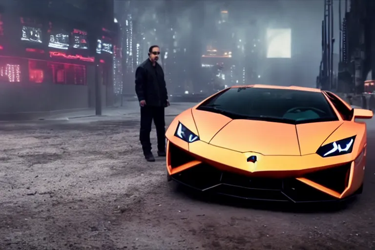 Image similar to A cinematic film still of a Lamborghini in the movie Blade Runner 2049.