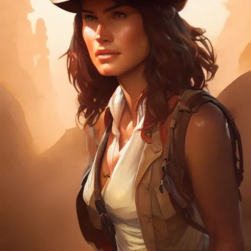 Prompt: female indiana jones, highly detailed, digital painting, artstation, concept art, sharp focus, illustration, art by artgerm and greg rutkowski and alphonse mucha