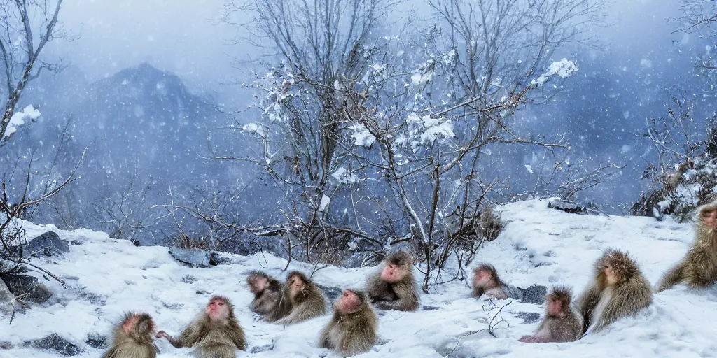 Prompt: scenic mountain setting, a family of snow monkeys gather at the natural spa to get warm, by Antoine Blanchard, by Marcel Masson, highly detailed, snow flurry, cold, steamy, desaturated blue, inquisitive, striking, contemplative, happy, content, warm, by Antoine Blanchard